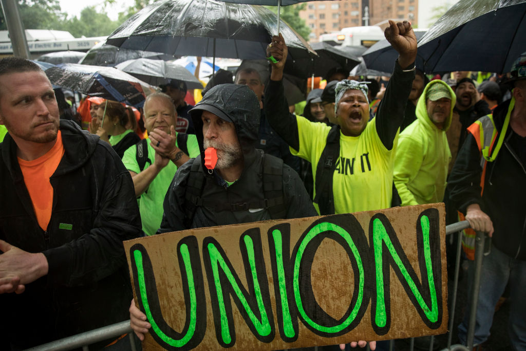 Union Workers' Groups Hold Rally In New York's Columbus Circle