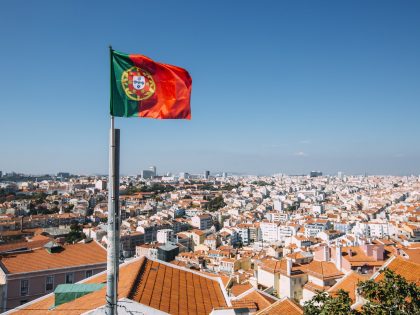 Portuguese flag and Lisbon skyline, Portugal