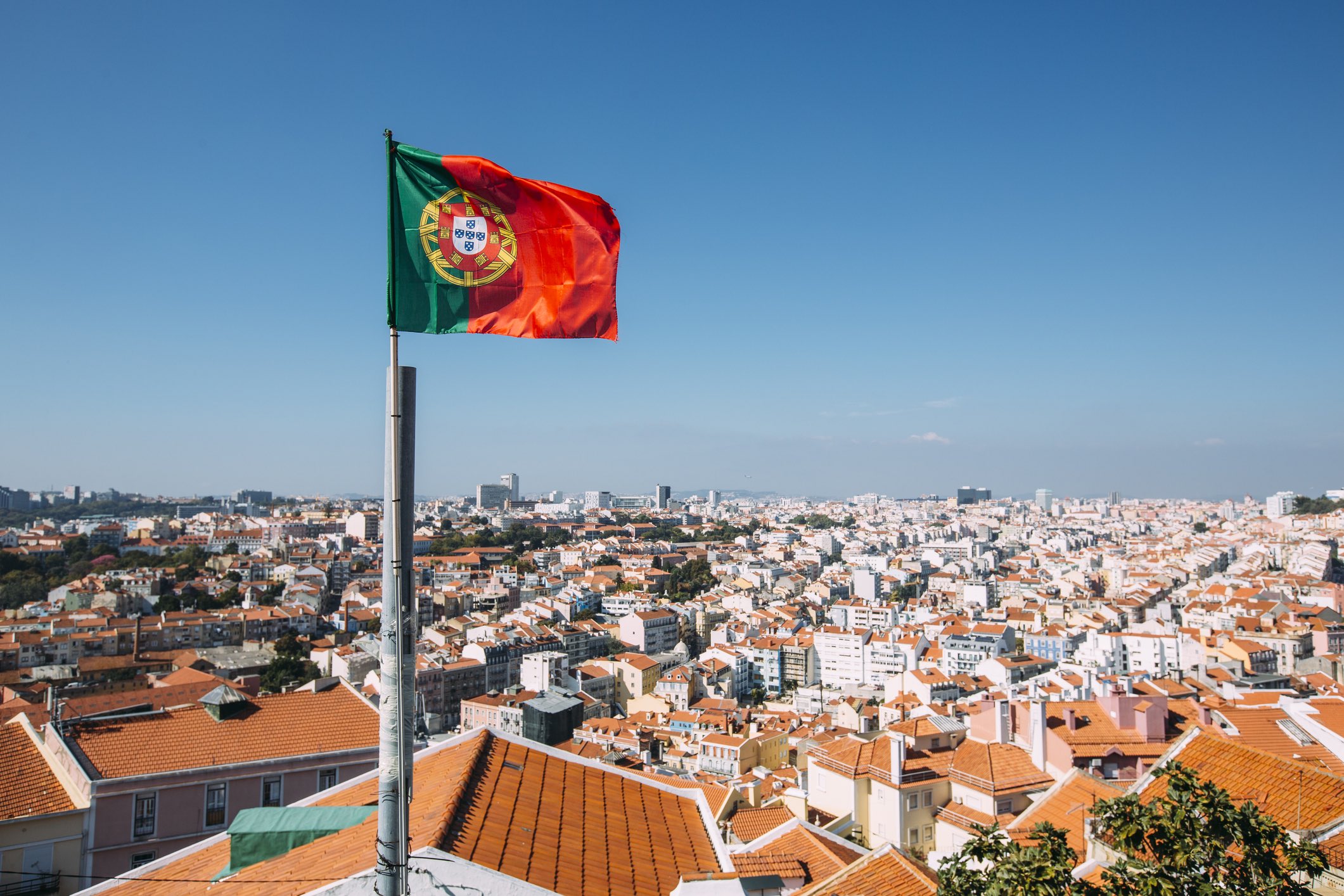 Portuguese flag and Lisbon skyline, Portugal