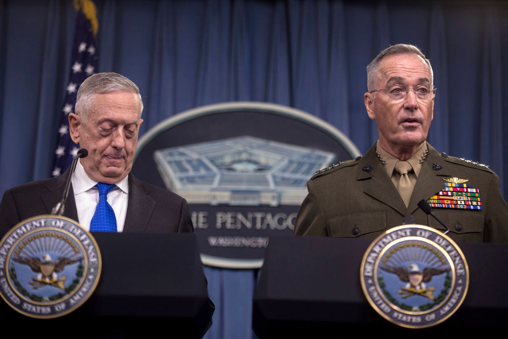 Secretary Of Defense Mattis And Chairman Of The Joint Chiefs of Staff Gen. Dunford Hold Briefing At The Pentagon
