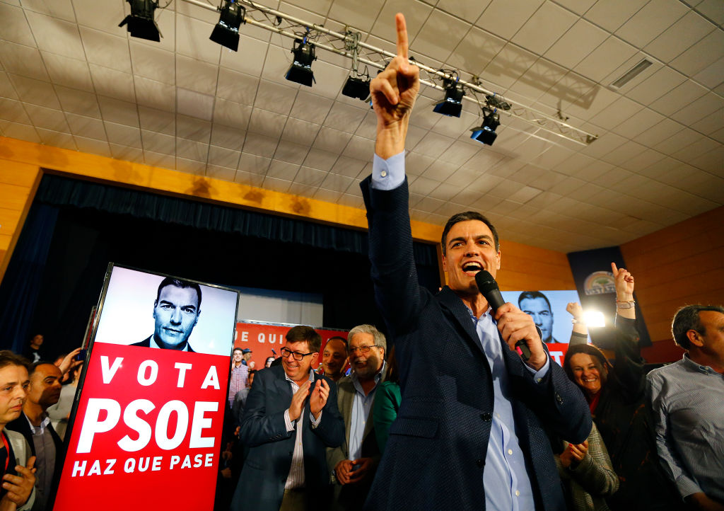 Spain's Prime Minister Pedro Sanchez And Candidate For The Spain's General Election Reacts As He Open The Election Campaign In Dos Hermanas, Spain
