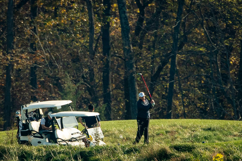 President Trump Golfs In Sterling, Virginia