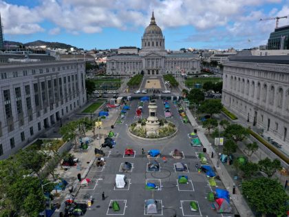 San Francisco Opens First Temporary Sanctioned Tent Homeless Encampment With Social Distance Markings