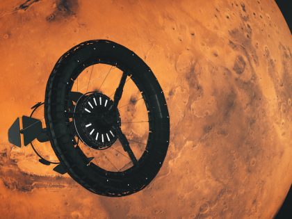 Space station orbiting Mars