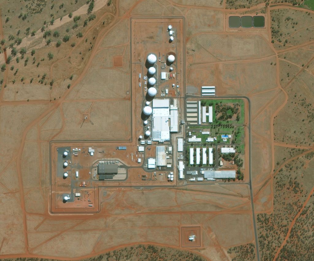 A closeup DigitalGlobe WorldView-3 satellite image of the Joint Defence Facility at Pine Gap in the center of Australia.