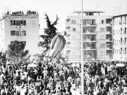 Overthrow of Enver Hoxha monument in Tirana in March 1991.