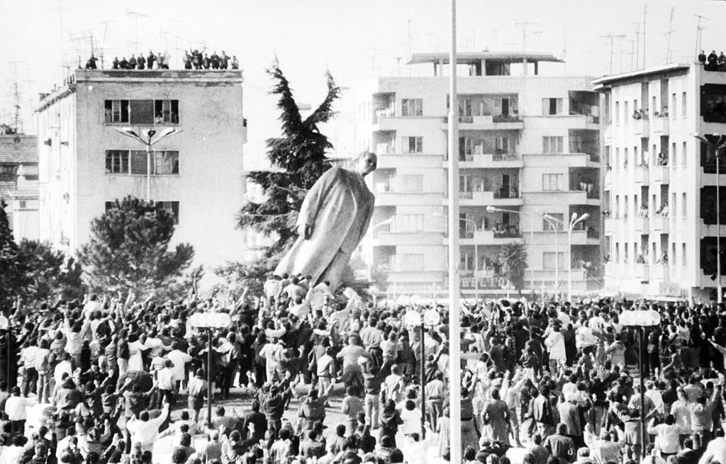 Overthrow of Enver Hoxha monument in Tirana in March 1991.