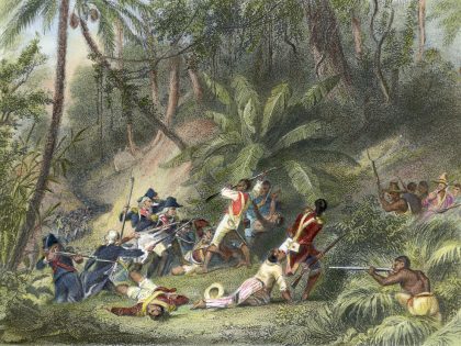 Hand-Colored Engraving of Francois Dominique Toussaint L'Ouverture Revolting Against the French in St. Dominique