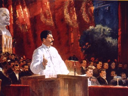 Joseph Stalin (1879-1953) Soviet leader, addressing the Sixteenth Congress of the Russian Communist Party, 1930. This was the last Congress to be dominated by the original leaders of the Party. Painting.