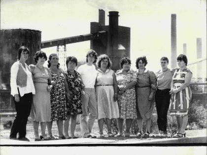Group of Retrenched, our about to be Retrenched women from A.I.S. uniting to protest over discriminatory policies of the company.The group over looking the steel works.Six women steel workers retrenched in Wollongong by Australian Iron and Steel Pty Ltd h
