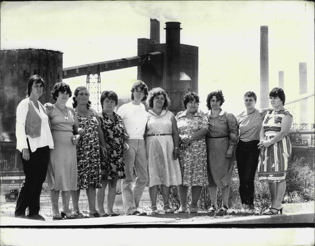 Group of Retrenched, our about to be Retrenched women from A.I.S. uniting to protest over discriminatory policies of the company.The group over looking the steel works.Six women steel workers retrenched in Wollongong by Australian Iron and Steel Pty Ltd h