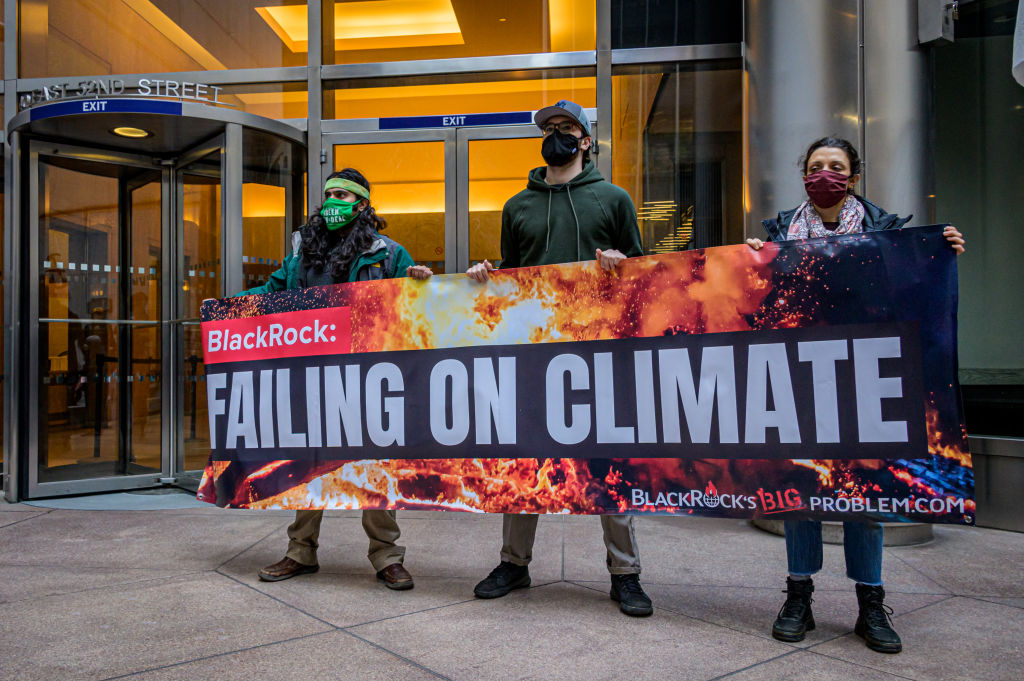 Participants seen holding a banner at the protest. Climate