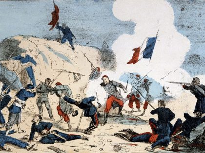 Paris Commune 26 March-28 May 1871. The Bloody Week: Fall of the batteries at the Porte Maillot, 22 May 1871 to the Versailles, regular Government forces. Coloured lithograph.