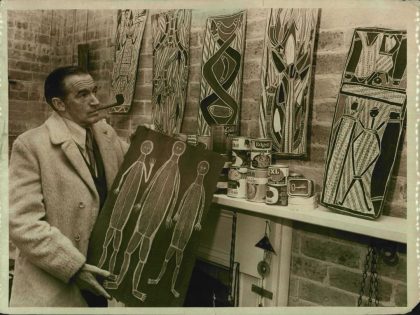 Well known author and authority on Aboriginal art, Frank Hardy shows a critical eye on some of the bark paintings which are on exhibition at the Rocks Gallery. Admission fee to the galls gallery was by canned food which will be sent to the Gurindji tribe.