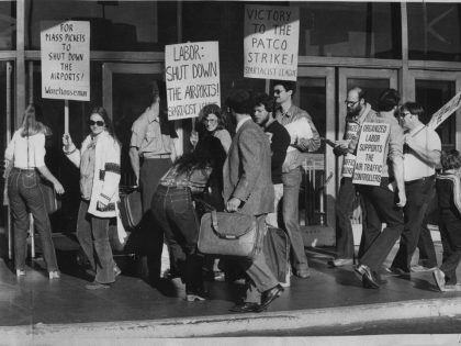 Denim wear .. Air Traffic Controllers Strike;PATCO strikers at San Francisco International Airport;;Photo ran 9/5/1981