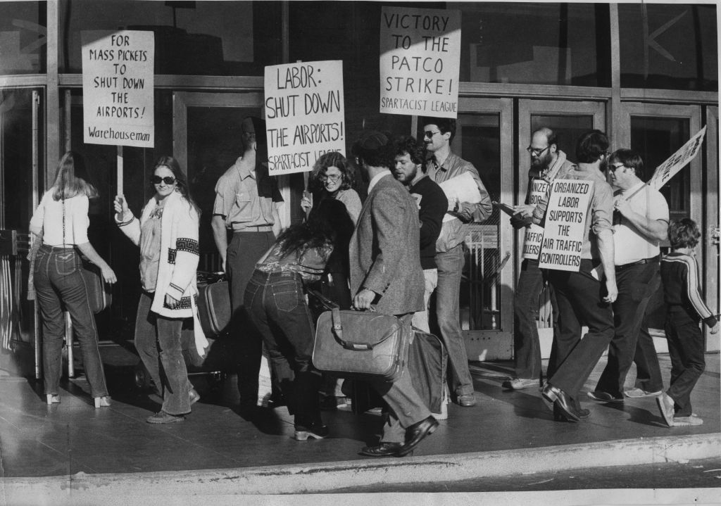 Denim wear .. Air Traffic Controllers Strike;PATCO strikers at San Francisco International Airport;;Photo ran 9/5/1981