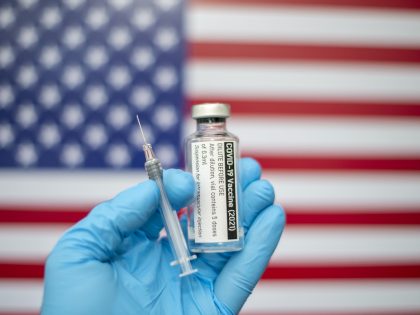 Covid-19 vaccine with syringe and American flag image in the background, Coronavirus SARS-CoV-2, vaccination