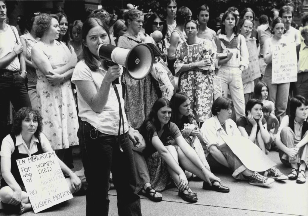 Protest Rally in Martin Place today (Wednesday 21.3.79) in protest against the Stephen Lusher motion which would mean that no health fund would be able to pay benefits for abortion, except in very exceptional cases.Rebecca Albury speaking at the protest r