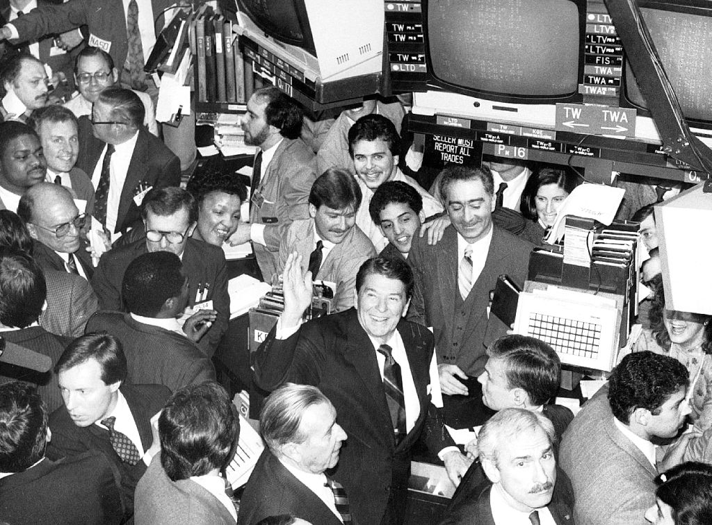 President Ronald Reagan stands on the floor of the New York