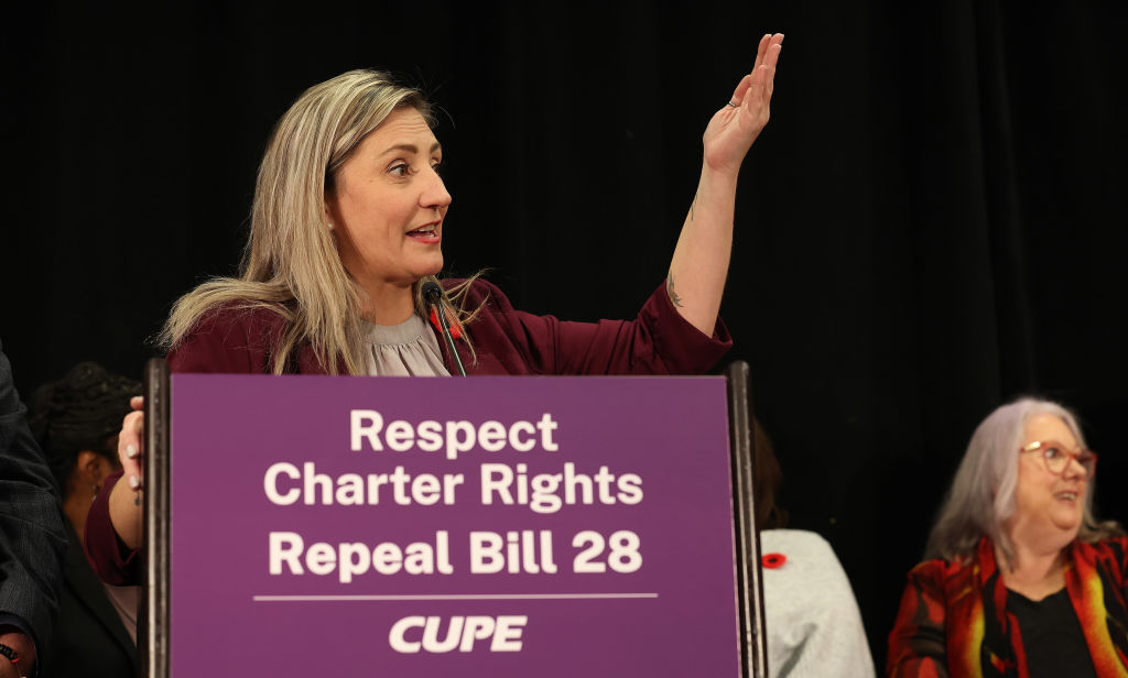 Canadian Union leaders from public and private sectors gather for a press conference after Premier Doug Ford offered to back down in return for CUPE calling off its strike ahead of the Canadian Unions calling for escalated strike action.