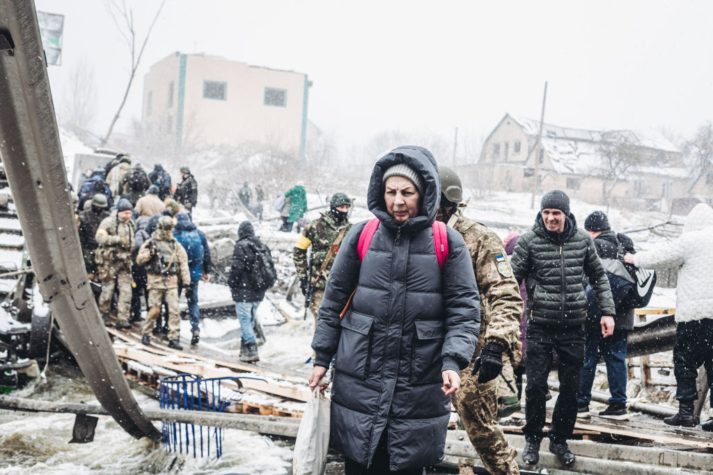 Civilians fleeing from Irpin, near Kyiv