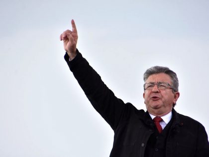 Jean-Luc Melenchon on stage during his political meeting