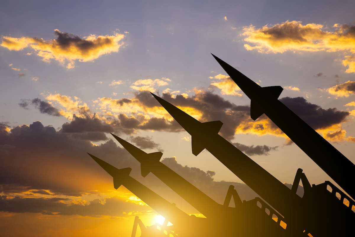 Anti-aircraft missile system on the background of sunset sky