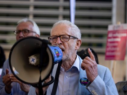 Jeremy Corbyn is seen giving a speech during the