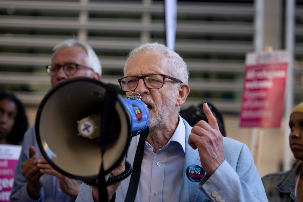 Jeremy Corbyn is seen giving a speech during the
