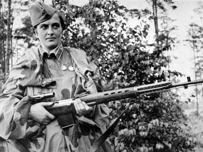 Lyudmila pavlichenko, famous 26 year old russian guerrilla sniper who has killed 309 germans, for which she was made a senior lieutenant and given the order of lenin, a former historian, she participated in the defense of odessa and of sevastopol whe