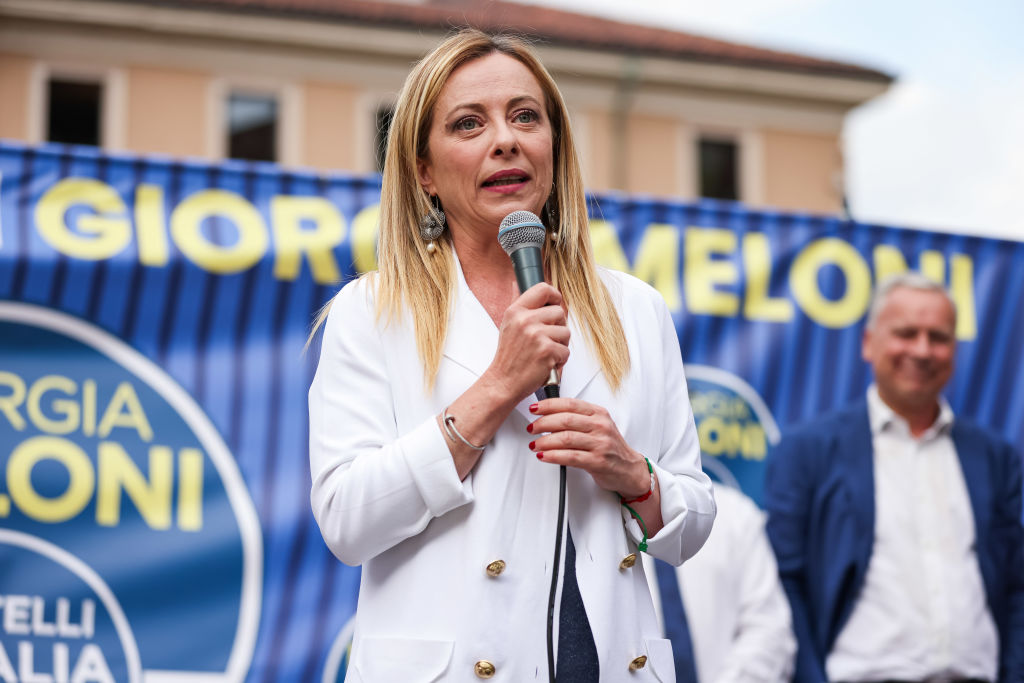 Giorgia Meloni And Dario Allevi Attend A Rally For The Elections In Monza