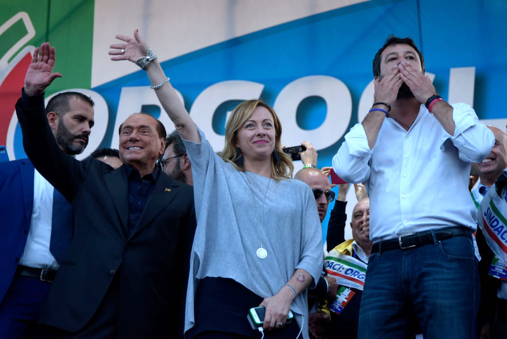 Silvio Berlusconi (L), Giorgia Meloni (C) and Matteo Salvini