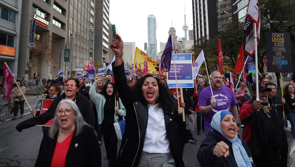 An emergency rally in response to the Ford government's full-frontal attack on basic labour freedoms in Ontario with a march from the ministry of labour to Queens Park