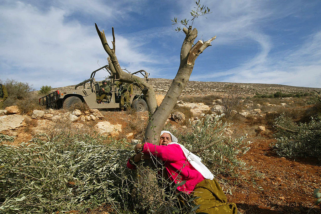 Palestinian Mahfoza Oude, 60, cries as s
