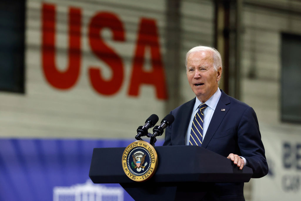 President Biden Speaks On His Bidenomics Economic Plan And Its Investment In Passenger Rail At An Amtrak Facility In Delaware