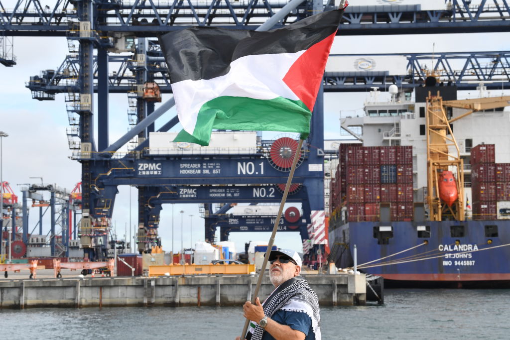 Pro Palestinian Supporters Gather At Port Botany To Protest Against A Potential Israeli Container Vessel Coming Into Australia