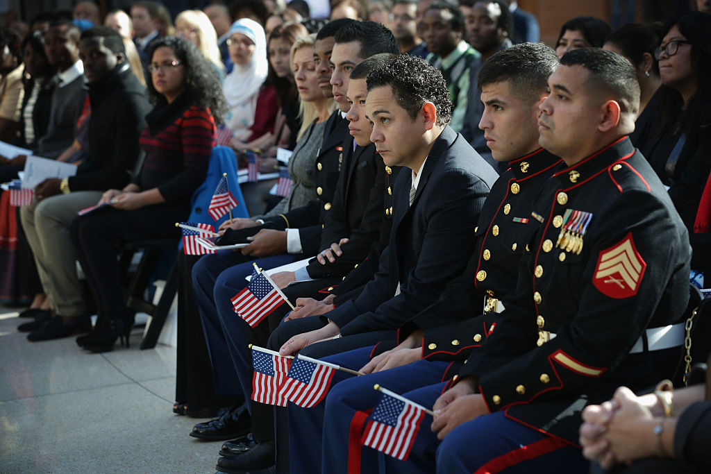 Veteran's Day Naturalization Ceremony Held At National Museum Of The Marine Corps
