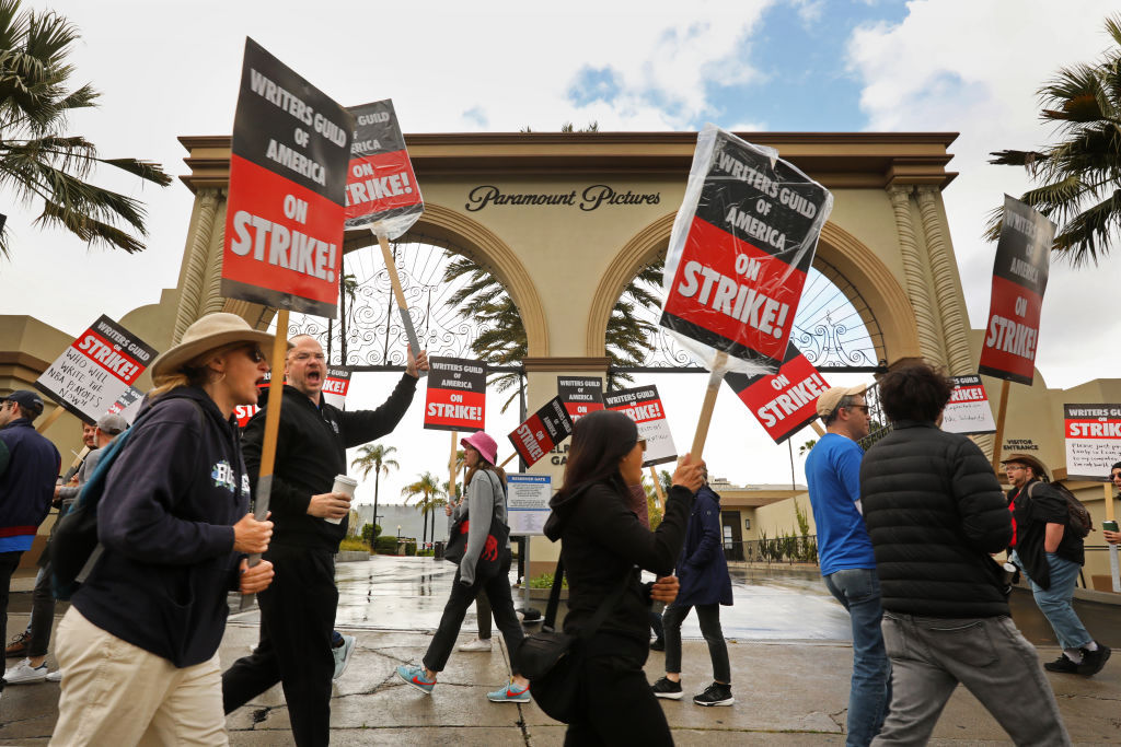 On day three of the Writers Guild of America strike, a large group picket in front of Paramount Studio gate on May 4, 2023.