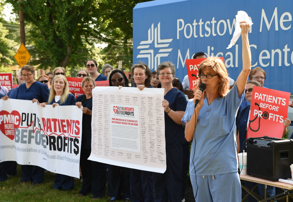 Nurses rally at Pottstown Memorial Medical Center. Patricia Eakin, Pres. PASNAP. 7/12/17 photo by Tim Leedy