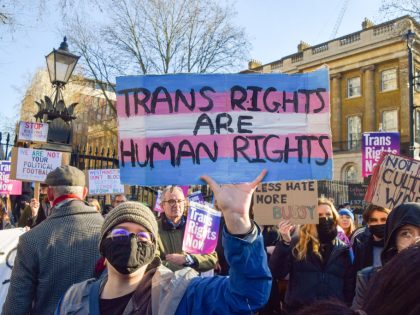 A protester holds a placard which states 'Trans rights are