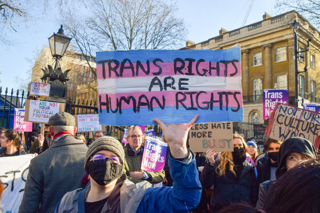 A protester holds a placard which states 'Trans rights are