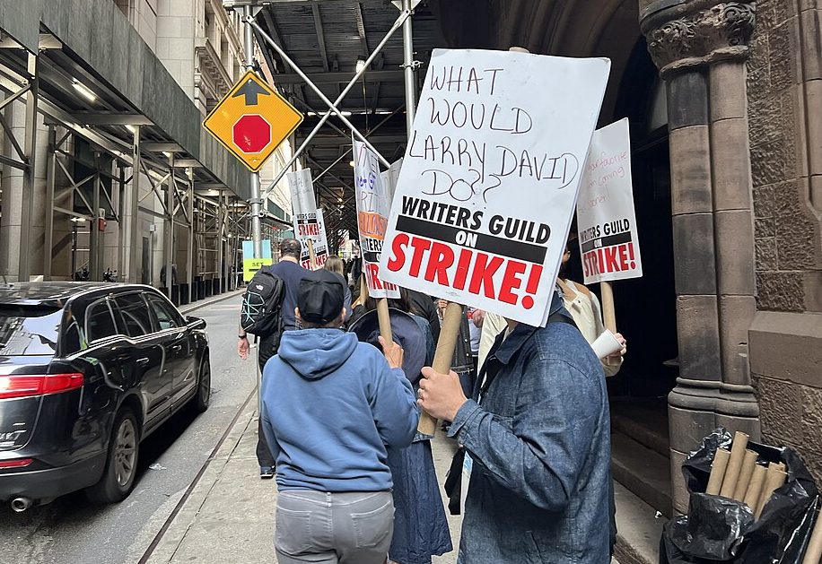 Striking Writers Guild of America workers walk a picket line in Manhattan on location of the Marvel Studios Disney+ TV show Daredevil: Born Again on May 10, 2023. Wikimedia Commons / Fabebk