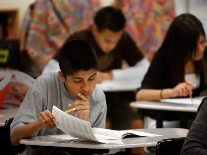 Banning High School 10th grade student Mario Covarrubias contemplates an answer as he takes the Cal