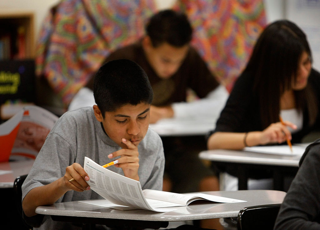 Banning High School 10th grade student Mario Covarrubias contemplates an answer as he takes the Cal