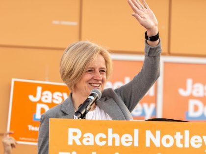 Alberta Premier, Rachel Notley seen speaking to supporters