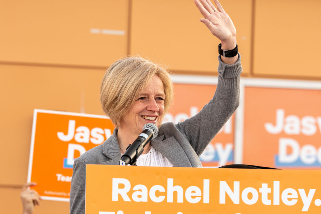 Alberta Premier, Rachel Notley seen speaking to supporters