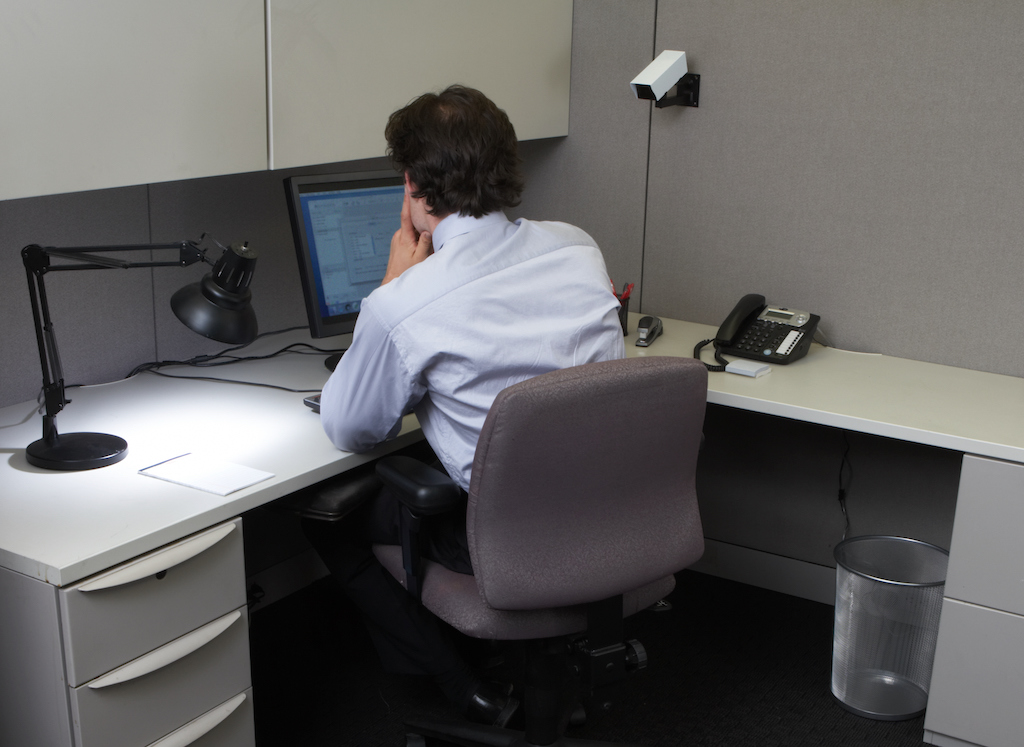 Businessman using laptop in office at desk, rear view