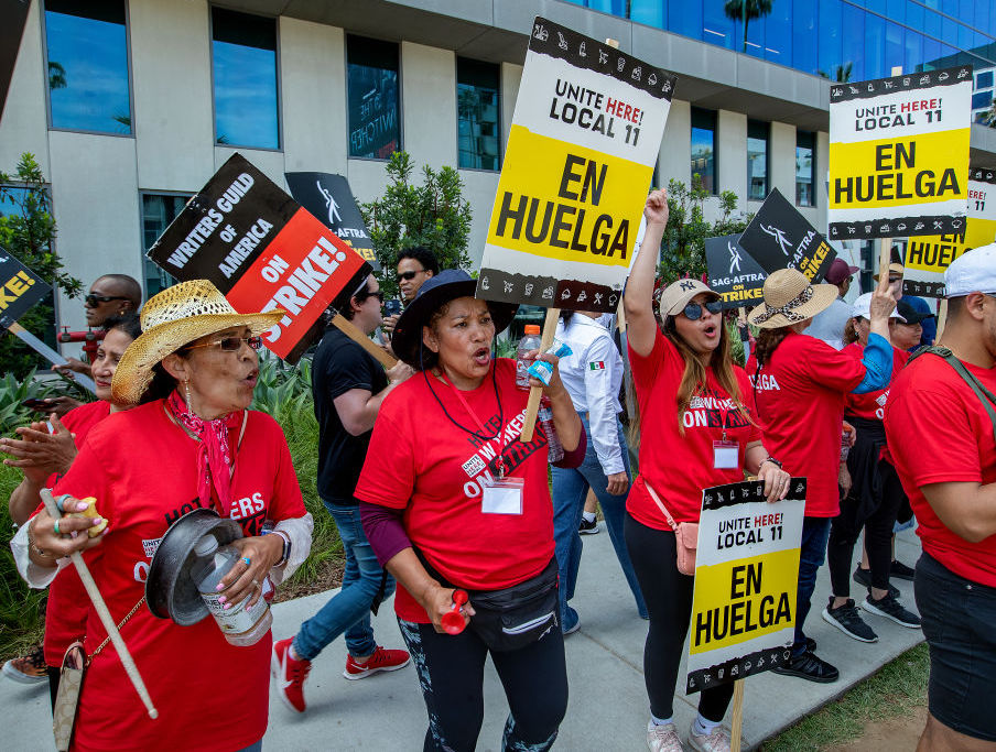 Striking Unite Here Loca 11 workers join with striking members of Writers Guild of America and SAG-Aftra picket line