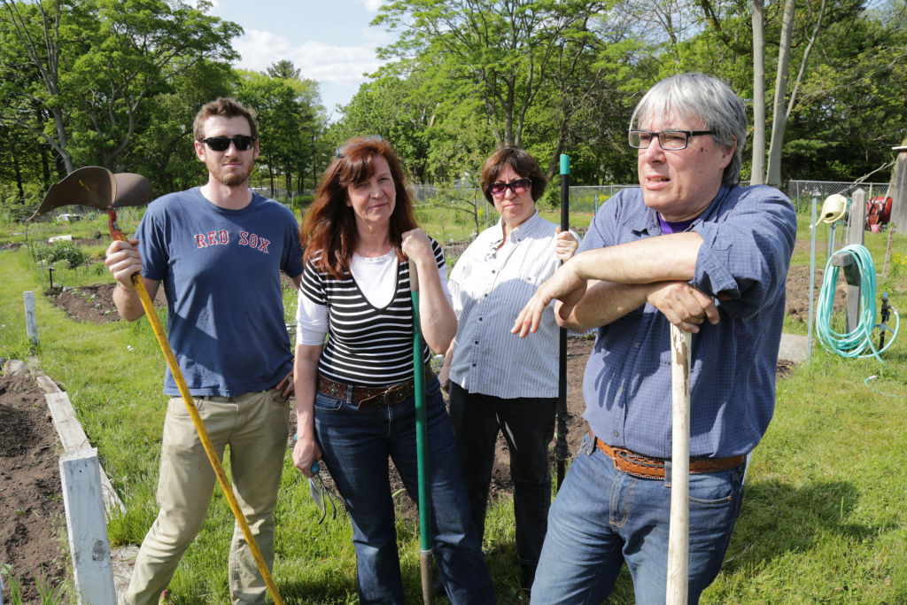 (Jamaica Plain, MA 05/20/16) Gardeners Josh Hoxie (left), Mary Wallace, Rhea Becker, and Chuck Collins (right) talk about the problematic access to water at the South Street Community Garden. Friday, May 20, 2016. Staff photo by John Wilcox.