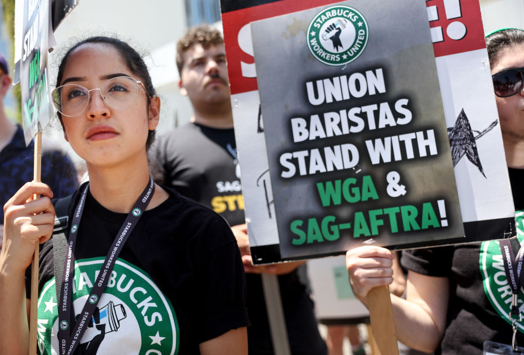 Starbucks Workers Join Striking Writers Guild And SAG-AFTRA Picketers